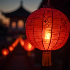 a Chinese red lantern glowing softly at dusk