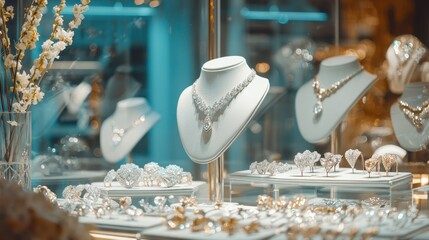 A rotating jewelry display in a store window, showcasing a variety of stunning pieces.
