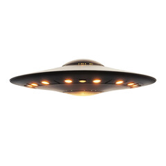 flying saucer with bright lights underneath isolated on transparent white background
