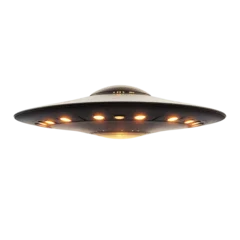 flying saucer with bright lights underneath isolated on transparent white background