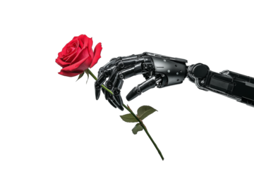 robotic arm holding red rose isolated on transparent white background