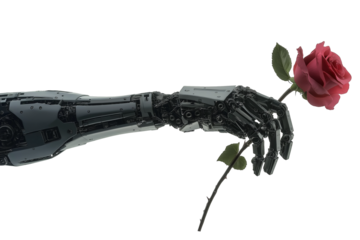 robotic arm holding red rose isolated on transparent white background