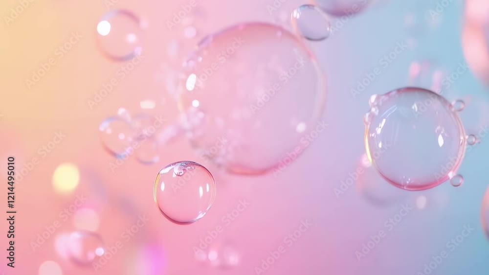 Poster Multiple transparent soap bubbles of varying sizes float gently against a soft, gradient backdrop of pastel pink and blue, creating a dreamy and ethereal atmosphere