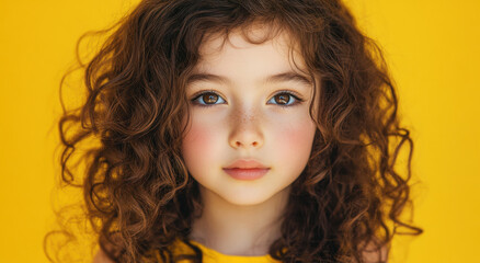Naklejka premium A curly-haired girl with brown hair stands facing the camera, exuding confidence and joy. The lively yellow background enhances her playful expression and adds a touch of warmth to the moment.
