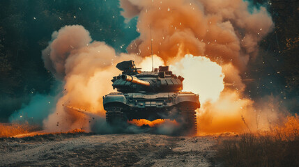 Fototapeta premium Tank fires a powerful shot in a field of grass with trees in the background