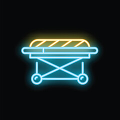 Vibrant neon stretcher icon representing medical equipment used for patient transportation in hospitals and healthcare facilities