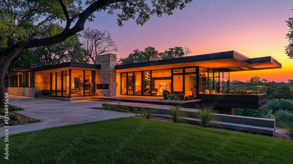 Poster as the sun sets, the modern farmhouse glows warmly with light streaming through its expansive window
