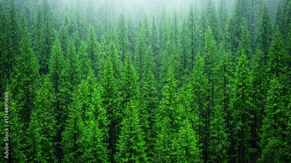 Poster lush green forest with misty atmosphere and dense tree coverage