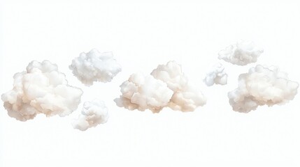 Fluffy white clouds in varying shapes against a bright white background, creating a serene and tranquil atmosphere, perfect for illustrating concepts of nature and calmness.