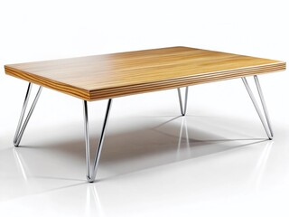 Fototapeta premium Minimalist Wooden Coffee Table with Metal Legs - Line Sketch Engraving on White Background