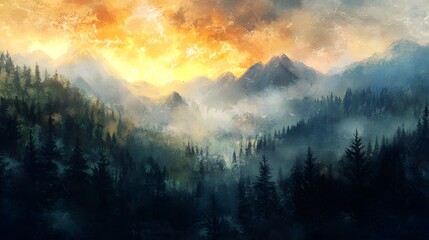 Golden Sunset Over Misty Mountain Forest