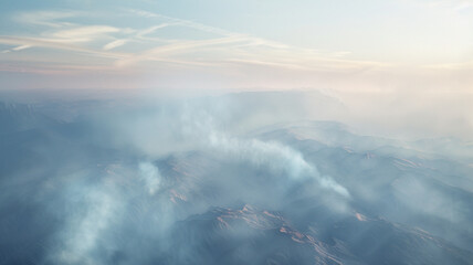 Smoke from Wildfires on Horizon: A view of smoke rising from wildfires on the horizon, illustrating the effects of climate change and air pollution.