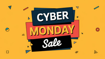 Cyber Monday ad with playful shapes and modern text layout. Minimal colorful attention grabbing sales banner.