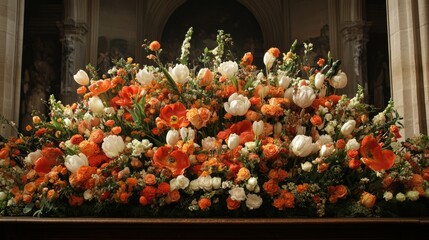 Vibrant tropical flowers and lush green plants on a wooden church stage, enhancing a serene worship setting
