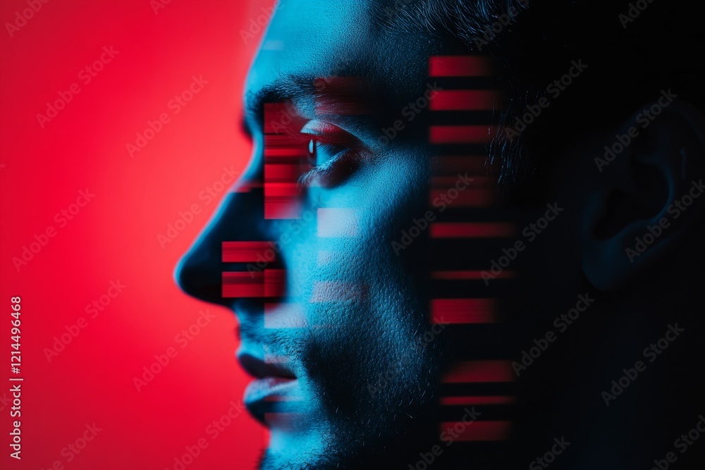 Poster profile of a man illuminated by vibrant blue and red lights surrounded by abstract patterns in a str