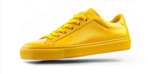 Flying yellow leather sneakers isolated on white background.