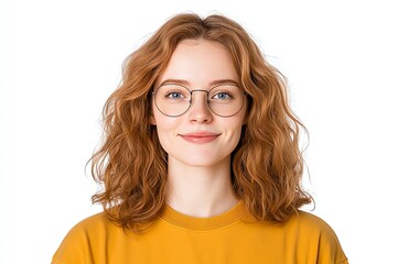 Obraz premium Portrait of a cheerful woman with curly hair and glasses, wearing a casual yellow t-shirt, smiling warmly against a white background.