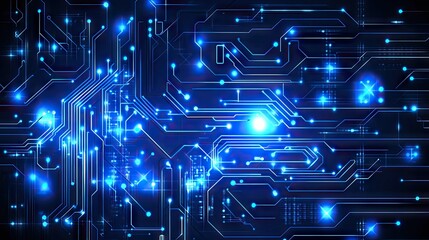 Abstract technology background featuring a glowing blue circuit board in sharp detail