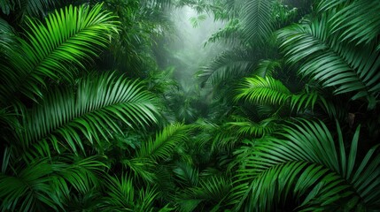 Lush Green Tropical Jungle with Dense Foliage and Misty Background