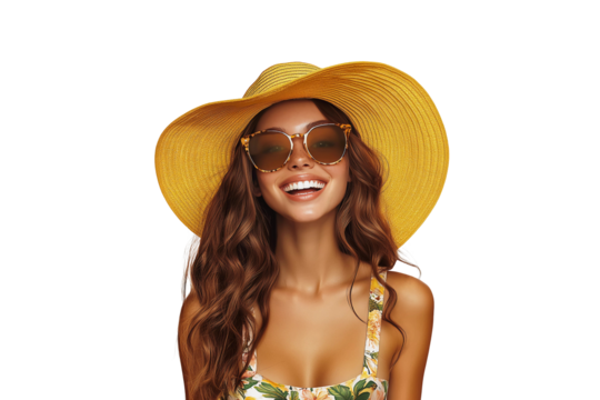 Sunny healthy long-haired young girl laughing wearing glasses and hat, camisole