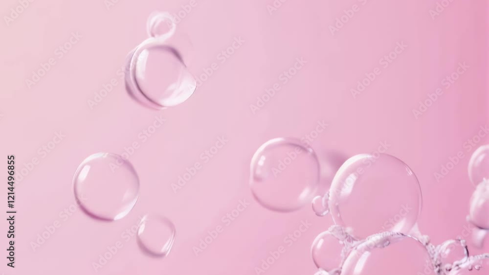 Poster Beautiful transparent bubbles are floating on a soft pink background, creating a serene and calming atmosphere with a touch of elegance and magic