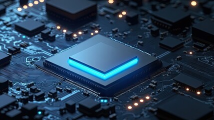 Obraz premium Advanced circuit board with a glowing blue light effect, set against a dark background for contrast