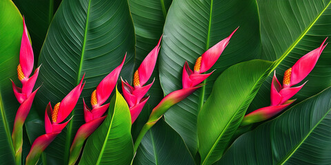Vibrant fuchsia heliconia flowers set against lush green leaves, creating a bold and colorful tropical background perfect for nature or botanical themes.