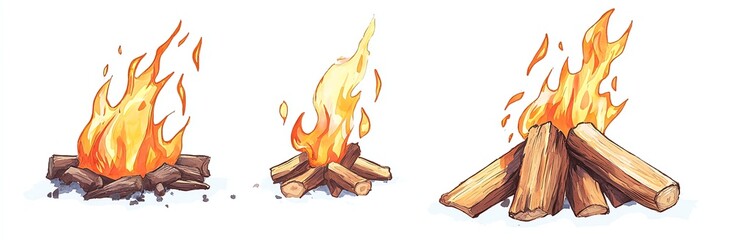 Series of three illustrations showing varying sizes of campfires with bright flames and logs, perfect for creative projects.