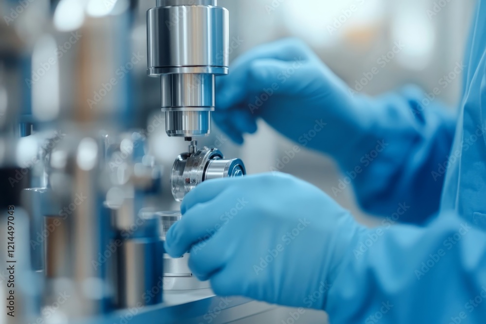 Poster scientist conducts precision measurements using advanced laboratory equipment in a clean environment