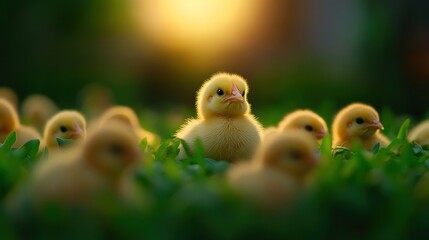 Adorable Baby Chicks in Sunset Meadow