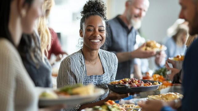 A rural community gathering for a potluck dinner, with neighbors sharing home-cooked meals and stories.