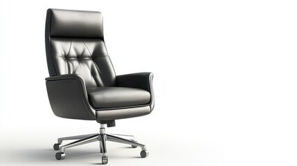 Fototapeta premium An elegant black leather office chair with a swivel base and sleek design, isolated on a pure white background
