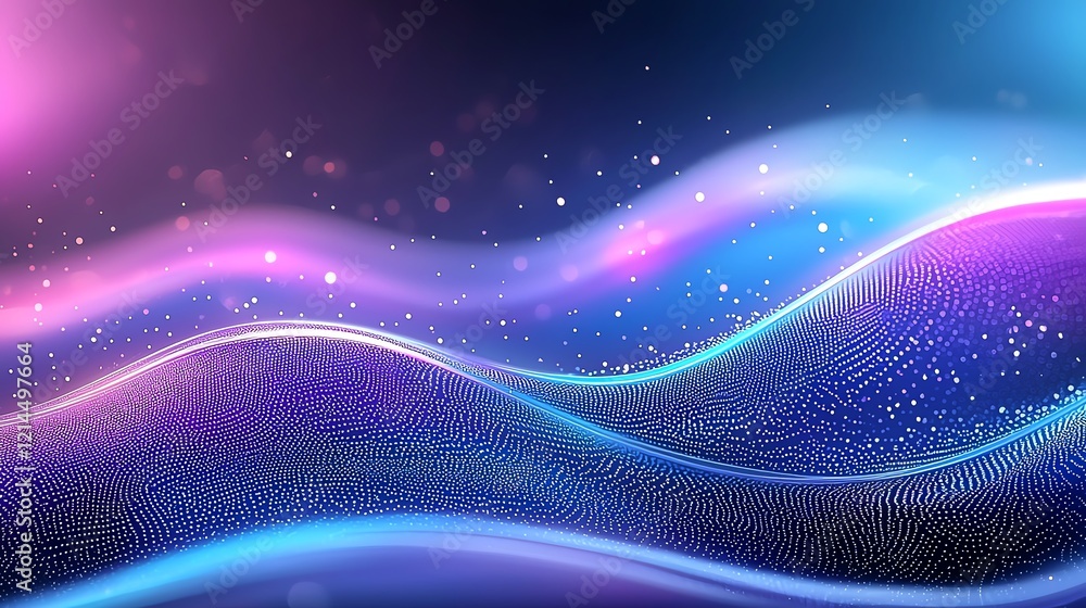 Poster vibrant abstract background featuring flowing waves of purple and blue hues with sparkling elements,