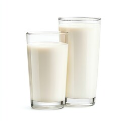 Two glasses of fresh milk on a white background, showcasing the creamy texture and color of the beverage, perfect for illustrating dairy products, nutrition, and refreshment.