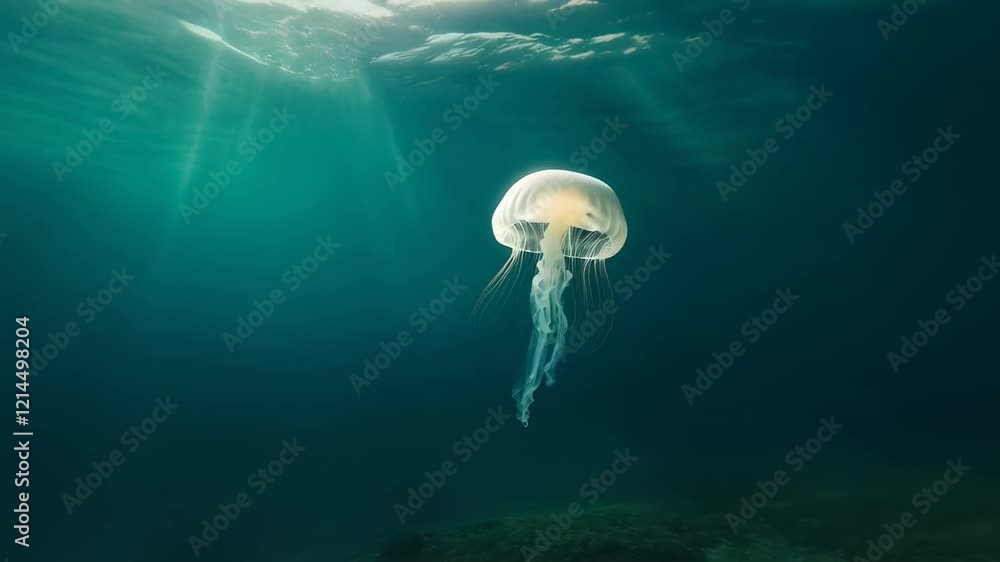 Poster Sunbeams filtering through the dark depths of the ocean highlight a jellyfish gliding gracefully, creating an enchanting underwater scene filled with ethereal beauty and tranquility