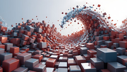 Obraz premium Dynamic wave of cubes in red and blue colors creating an abstract 3D surface design