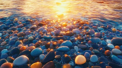 Fototapeta premium Baltic Sea coastline at dusk, with colorful stones glistening in the shallow water under a radiant sunset
