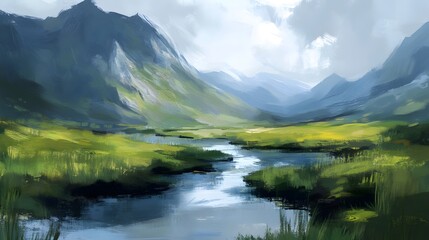 Fototapeta premium Serene Mountain River Landscape Painting