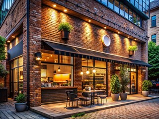 Fototapeta premium Modern Coffee Shop Exterior, Stylish Coffee Banner Background, Architectural Coffee House, Brown Brick Building, Urban Coffee Scene