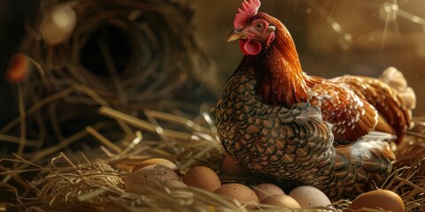 Hen and Eggs in Nest