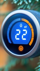 Digital thermostat displaying 22 degrees.  Blue and orange segments indicate temperature range. Modern home climate control.