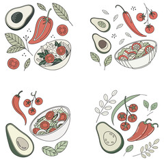A set of abstract vegetables contemporary art print. This modern poster features hand-drawn avocado, cherry tomatoes, red hot pepper, salad, cucumber slices, and basil.
