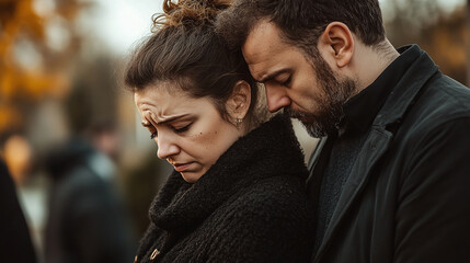 Fototapeta premium A middle-aged couple standing close together, showing deep emotions, with sunlight highlighting their faces, evoking themes of love, grief, and support.