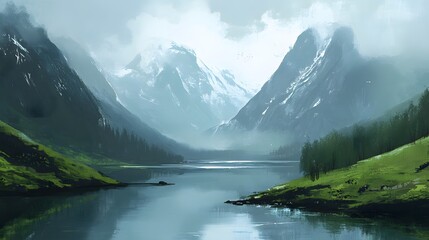 Fototapeta premium Serene Mountain Lake Landscape Misty Peaks Green Hills