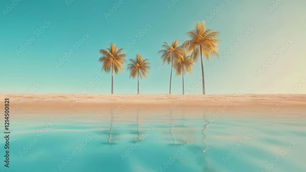 Aufkleber group of palm trees reflecting on the serene turquoise surface of tranquil waters at sunset, creatin