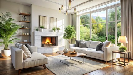 Fototapeta premium Modern Living Room with Fireplace, White Sofa - Cozy Interior Design Stock Photo