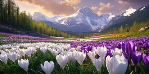 Crocus flowers bloom in a mountain valley