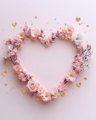 Heart shaped floral arrangement with pink and white flowers, surrounded by golden hearts