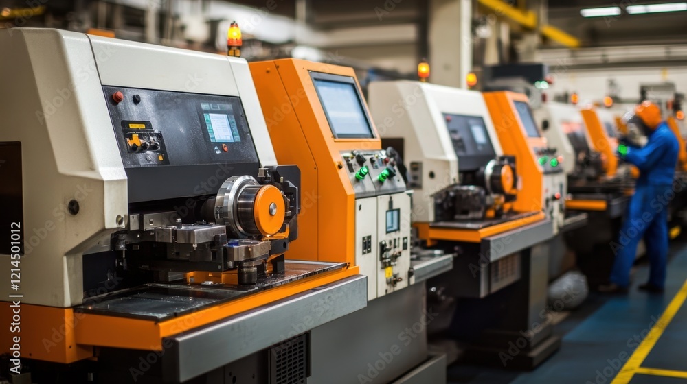 Aufkleber a row of cnc machines in a modern factory, with operators working diligently in protective gear.