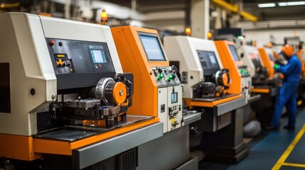 A row of CNC machines in a modern factory, with operators working diligently in protective gear.